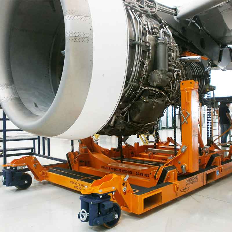 Dedienne Aerospace polyvalent CFM56-5A-5B/ V2500 engine stand in a workshop