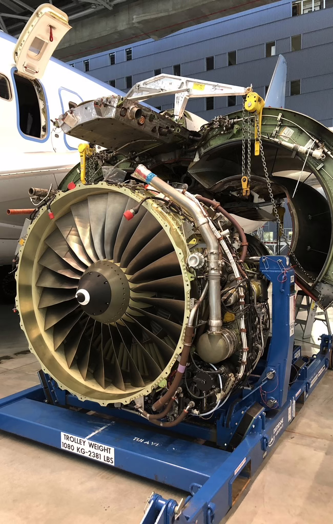 Dedienne Aerospace CFM56-7B engine stand in a maintenance hangar