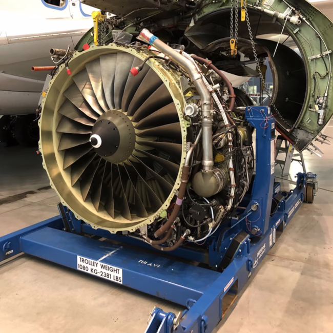 Dedienne Aerospace CFM56-7B engine stand in a maintenance hangar