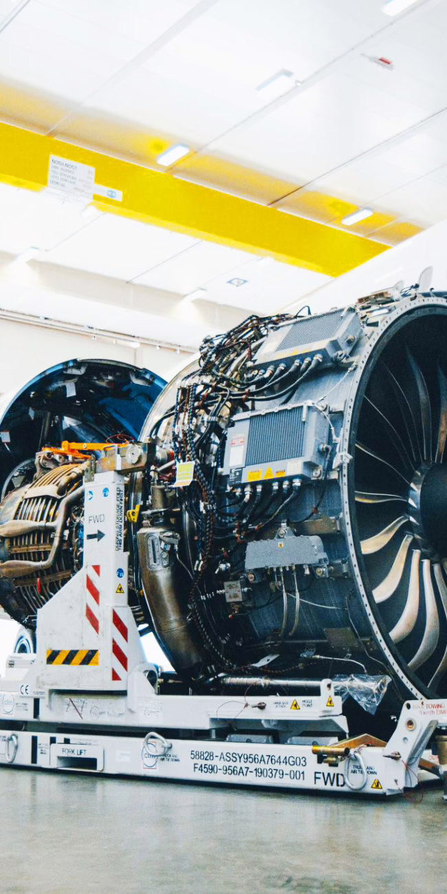 Dedienne Aerospace LEAP-1A engine stand in a maintenance hangar