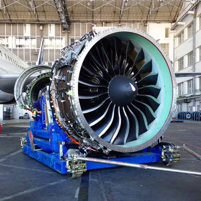 Dedienne Aerospace PW1100 engine stands in a workshop