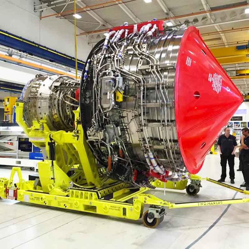 Rolls-Royce Trent XWB WES engine with Dedienne Aerospace TRENT XWB engine stand in a hangar