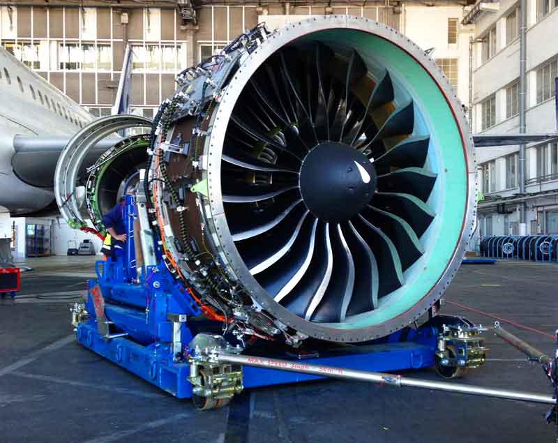 Dedienne Aerospace PW1100 engine stand in a maintenance hangar