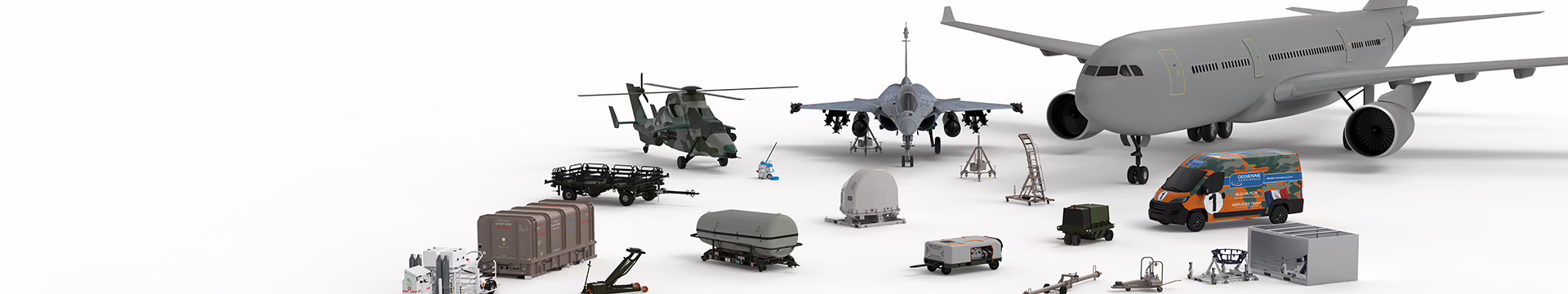 Military and defense aircraft ground support equipment for maintenance, towing, loading, and servicing, displayed with fighter jet, helicopter, and transport aircraft.